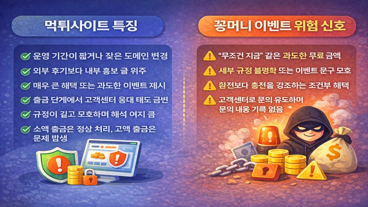 먹튀사이트 특징과 꽁머니 이벤트 위험 신호 인포그래픽